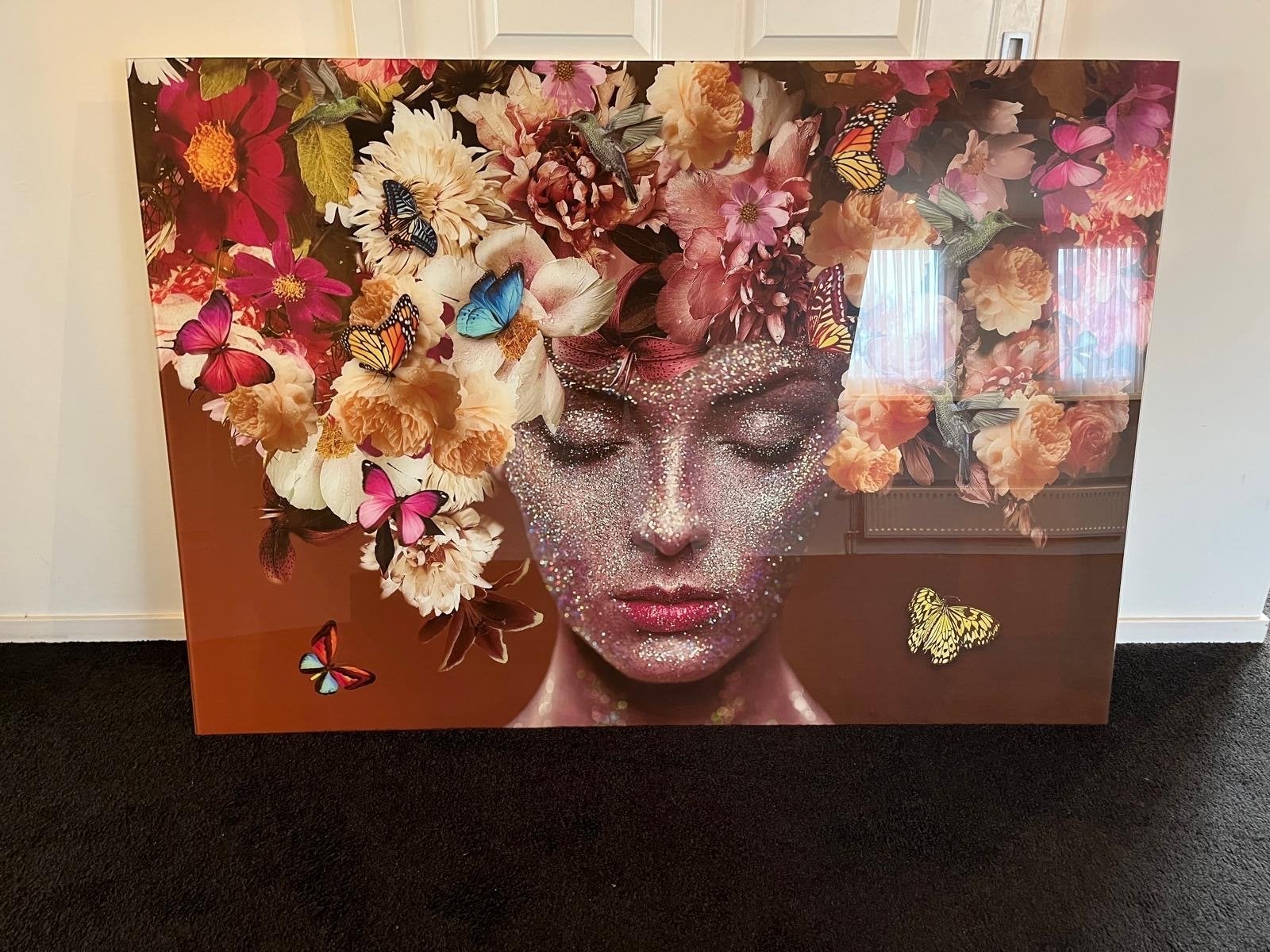 Xxl glas schilderij 160x110cm met bloemen en vlinders, Ophalen, Figuren, Print, Overige materialen