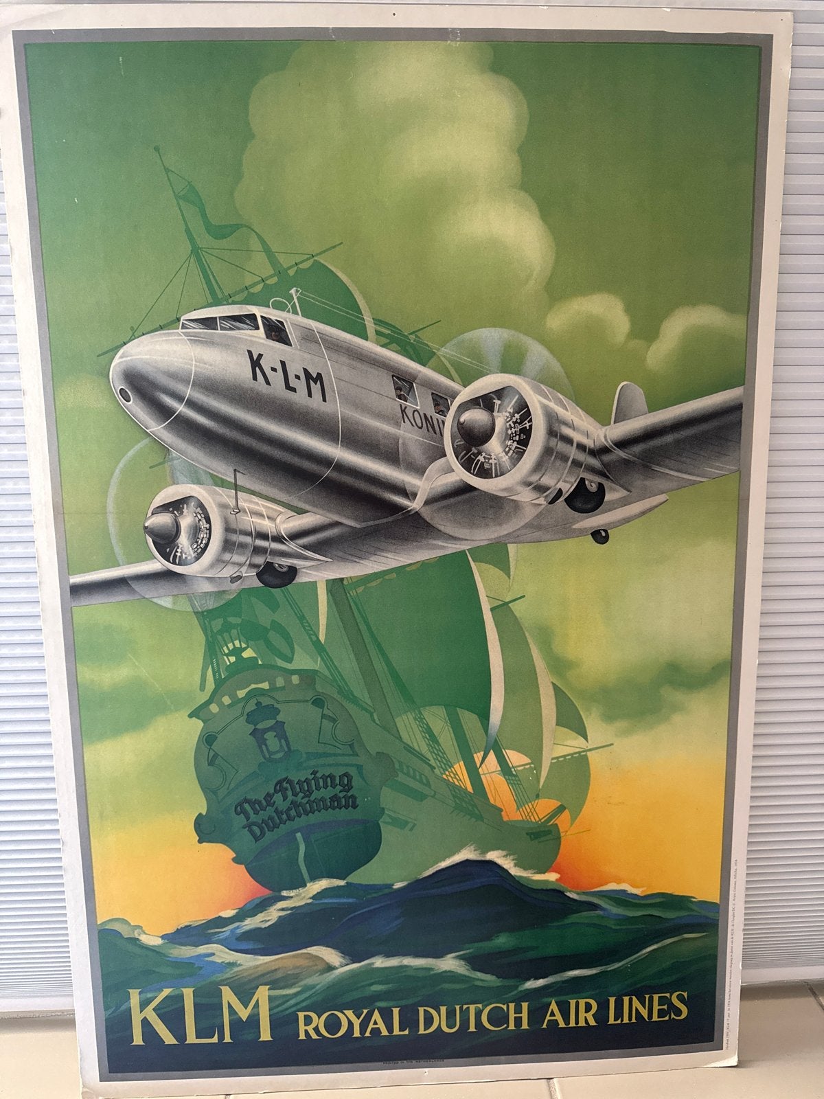 Vintage KLM Royal Dutch Airlines poster - The Flying Dutchma, Verzamelen, Ophalen, A1 t/m A3, Overige onderwerpen, Rechthoekig Staand