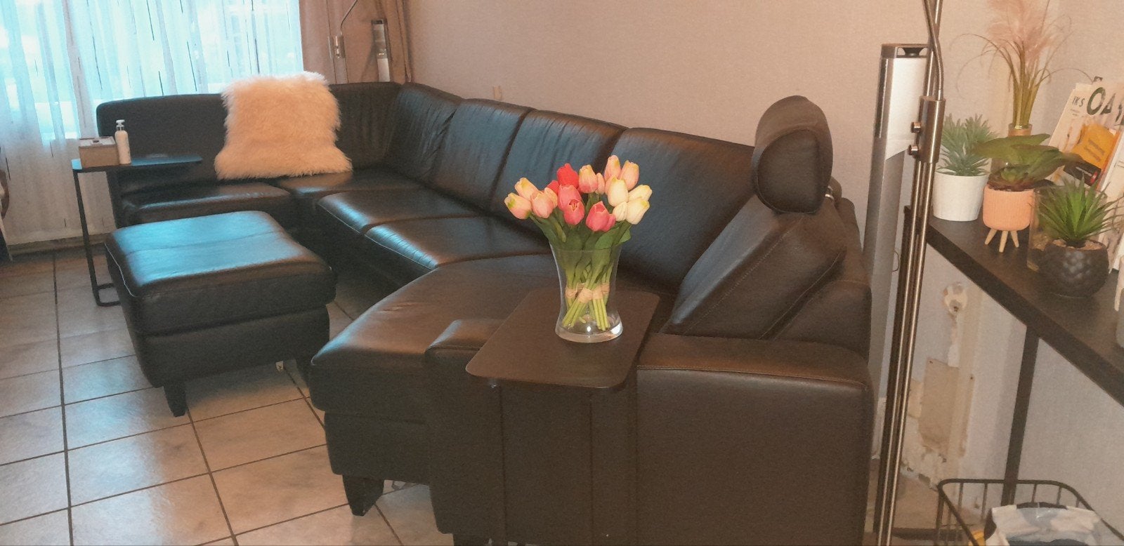 lederen Montel Hoekbank 3.70 meter - Comfortabel en Ruim, Ophalen, Gebruikt, Hoekbank, 300 cm of meer
