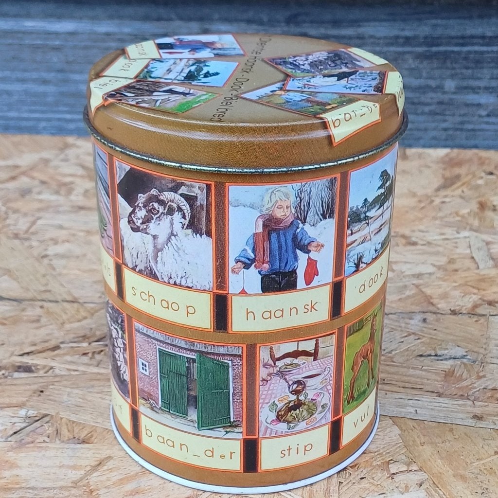 Vintage voorraadblik met Drentse Haansk-Dook afbeeldingen, Ophalen of Verzenden, Gebruikt, Koek(jes), Overige merken