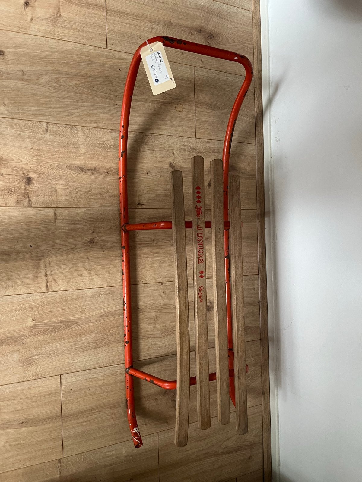 Vintage slee - Rood met Houten Zitting, Ophalen, Gebruikt, Hout