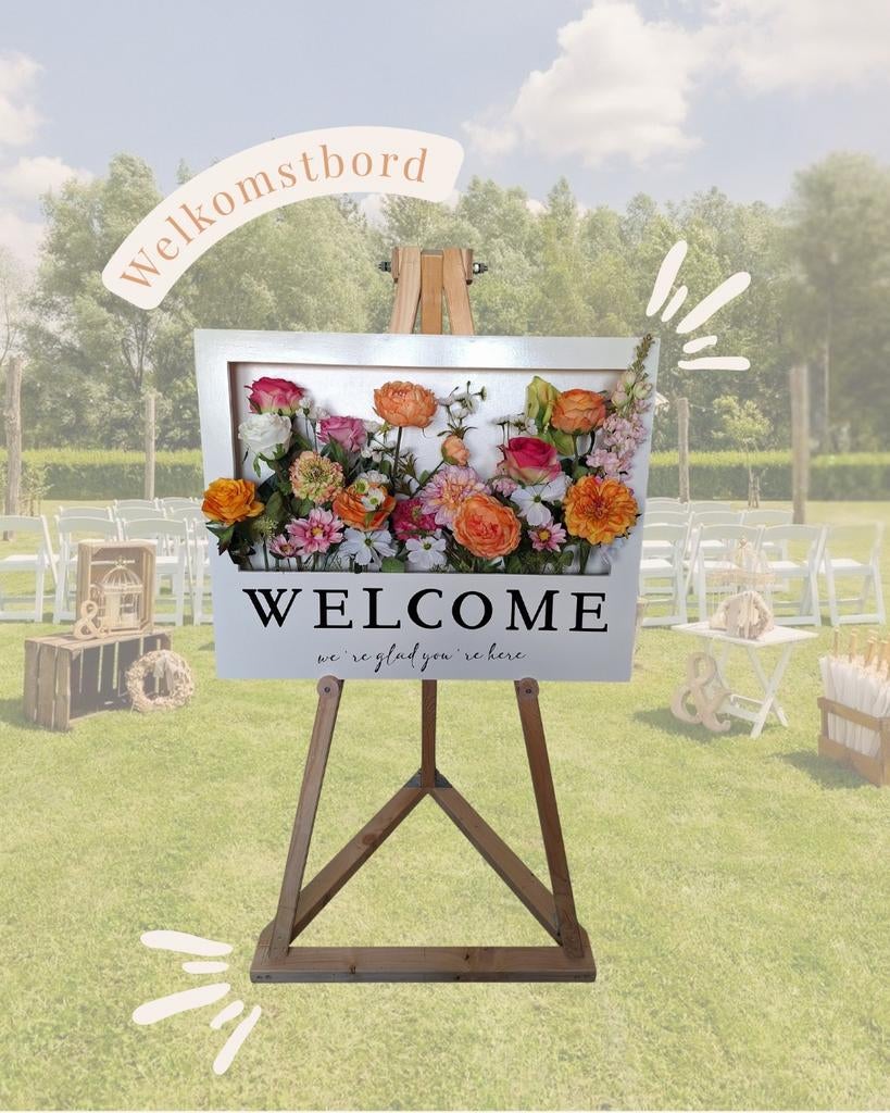Welkomstbord inclusief zijden bloemen te huur voor events, Ophalen, Geboorte of Huwelijk