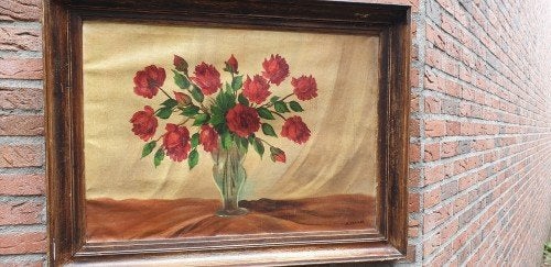 Schilderij oliedoek, stilleven met rozen, gesigneerd H. Hurm, Ophalen of Verzenden, 'T Olde Gre-j, Info@toldegrej.nl, Endepoelstraat 20f Didam
