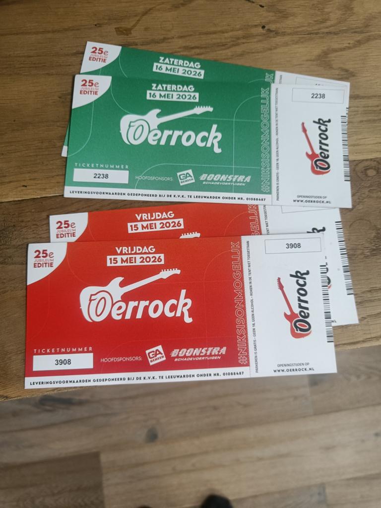 4 Oerrock kaarten voor de vrijdag en zaterdag, Ophalen of Verzenden