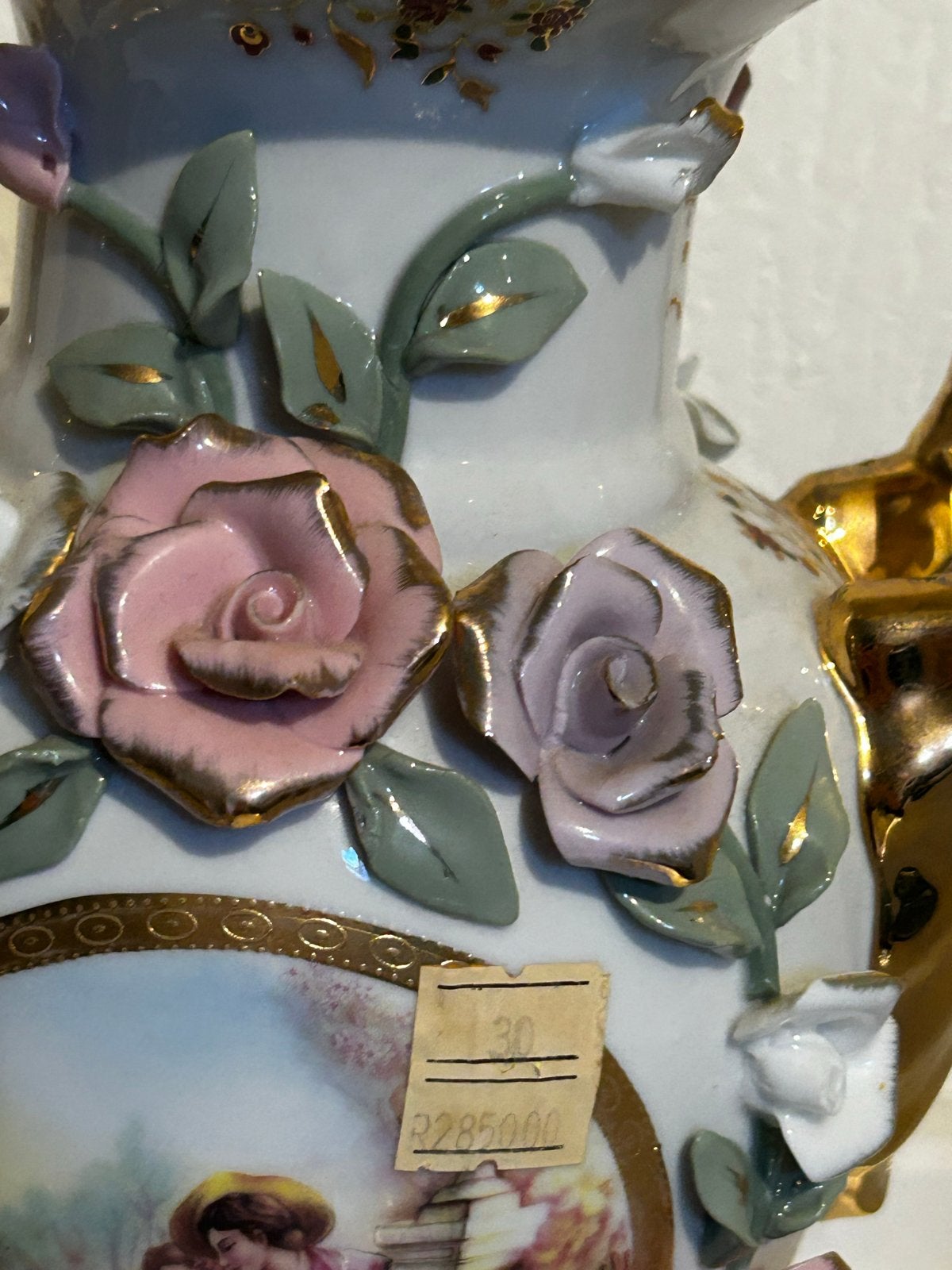 Bavarian Porseleinen Vaas met Handgeschilderde Scène en Roze, Ophalen of Verzenden