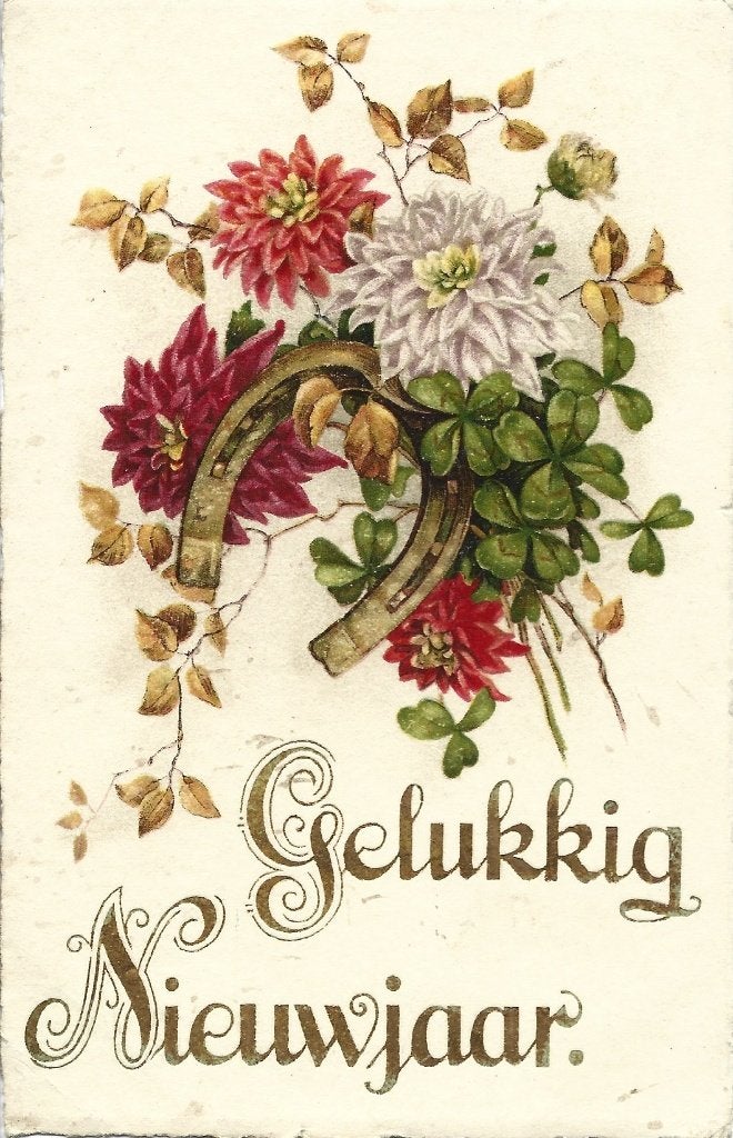 Oud*Gelukkig Nieuwjaar*Goudopdruk*Dalia*Hoefijzer*Klavertje, Ophalen of Verzenden, 1920 tot 1940, Gelopen, Feest(dag)