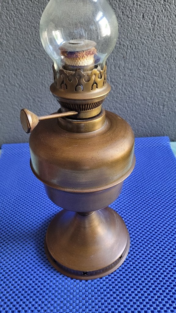 Vintage olielamp Glazen schoorsteen, Ophalen of Verzenden, Koper