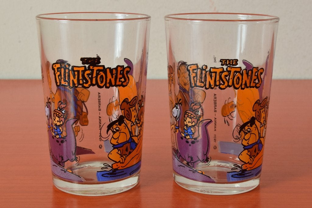 Set van 2 retro vintage Italy glazen - The Flinstones, Glas of Glazen, Overige merken, Vintage, Ophalen of Verzenden