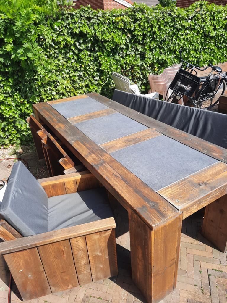 Steigerhouten tuinset met kussens en hoes, Ophalen, Gebruikt, 6 zitplaatsen, Steigerhout