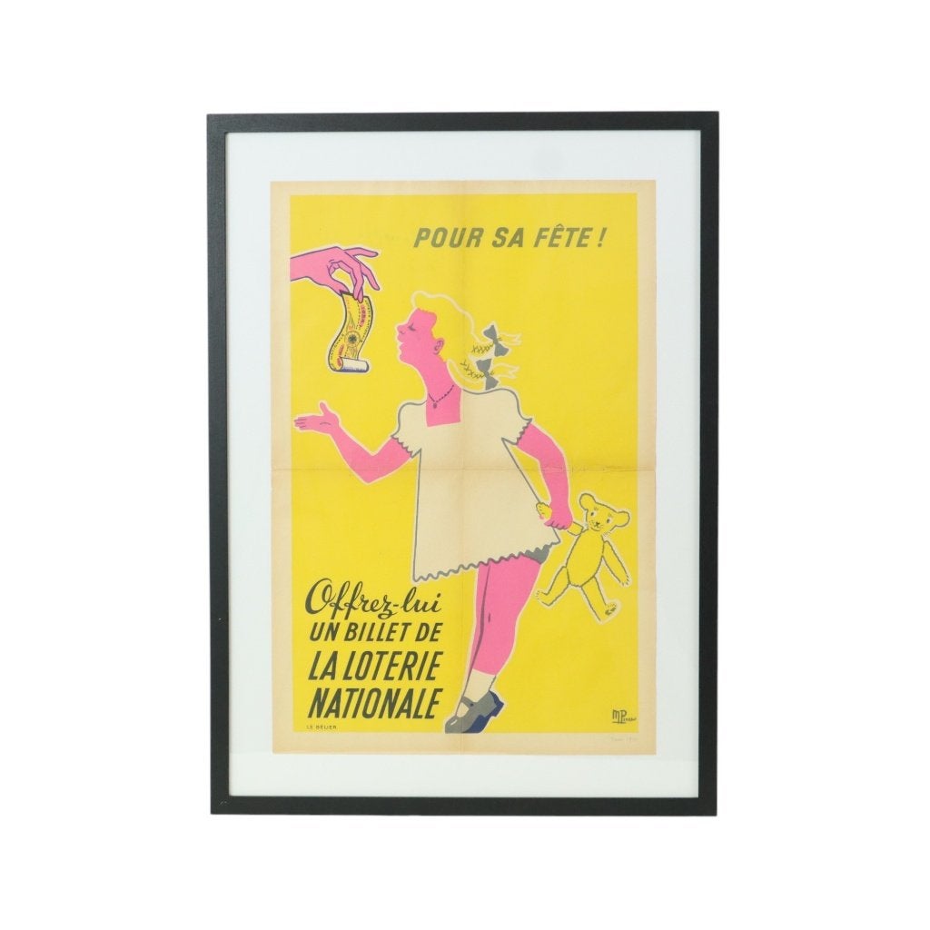 Vintage Ingelijste Poster Loterie France Fifties Reclame, Gebruikt, Met lijst, Ophalen of Verzenden, A1 t/m A3