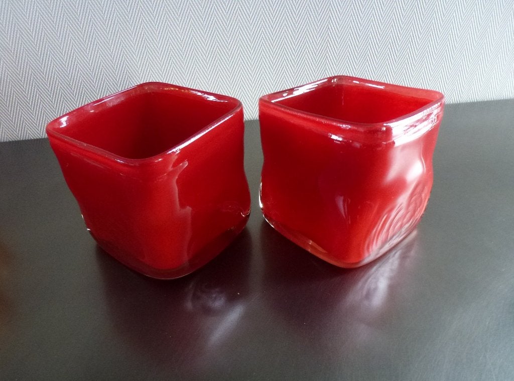 Rode vierkante mond geblazen windlichten/ vazen  merk Dutz, Handgemaakt, Ophalen of Verzenden, 13 cm, Rood