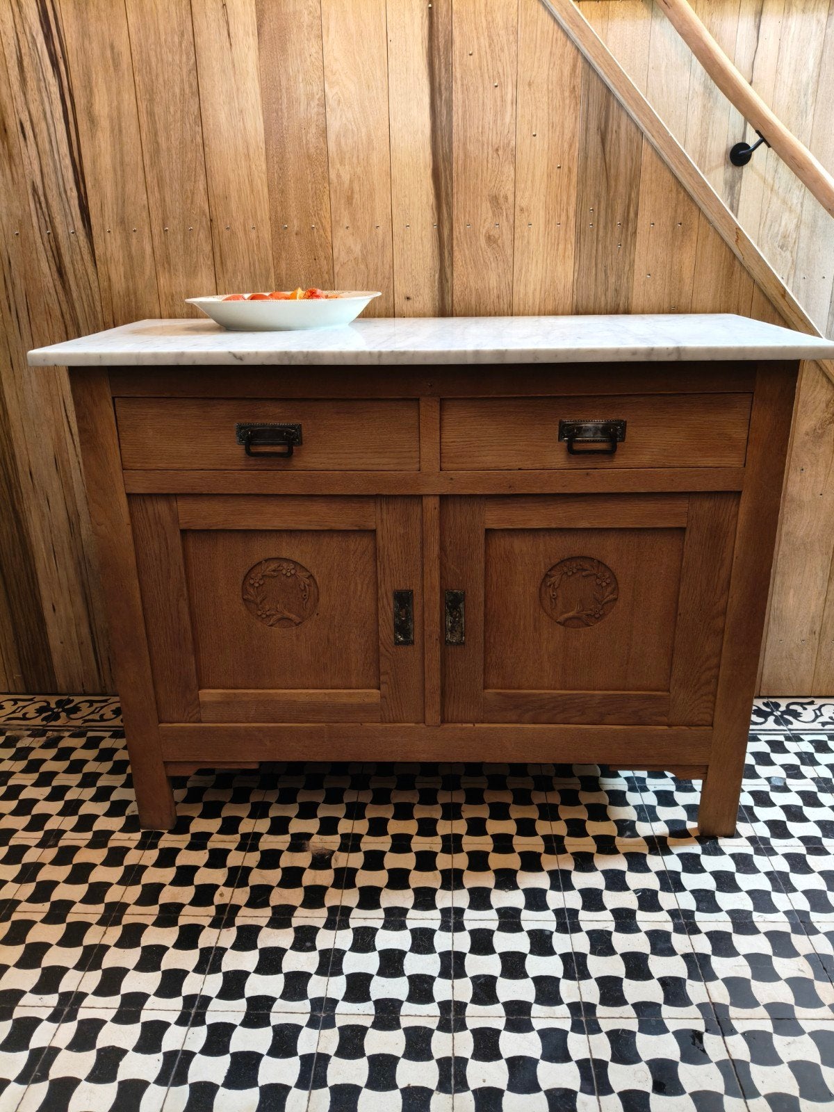Antiek blank eiken commode dressoir met marmeren blad., Antiek en Kunst, Ophalen
