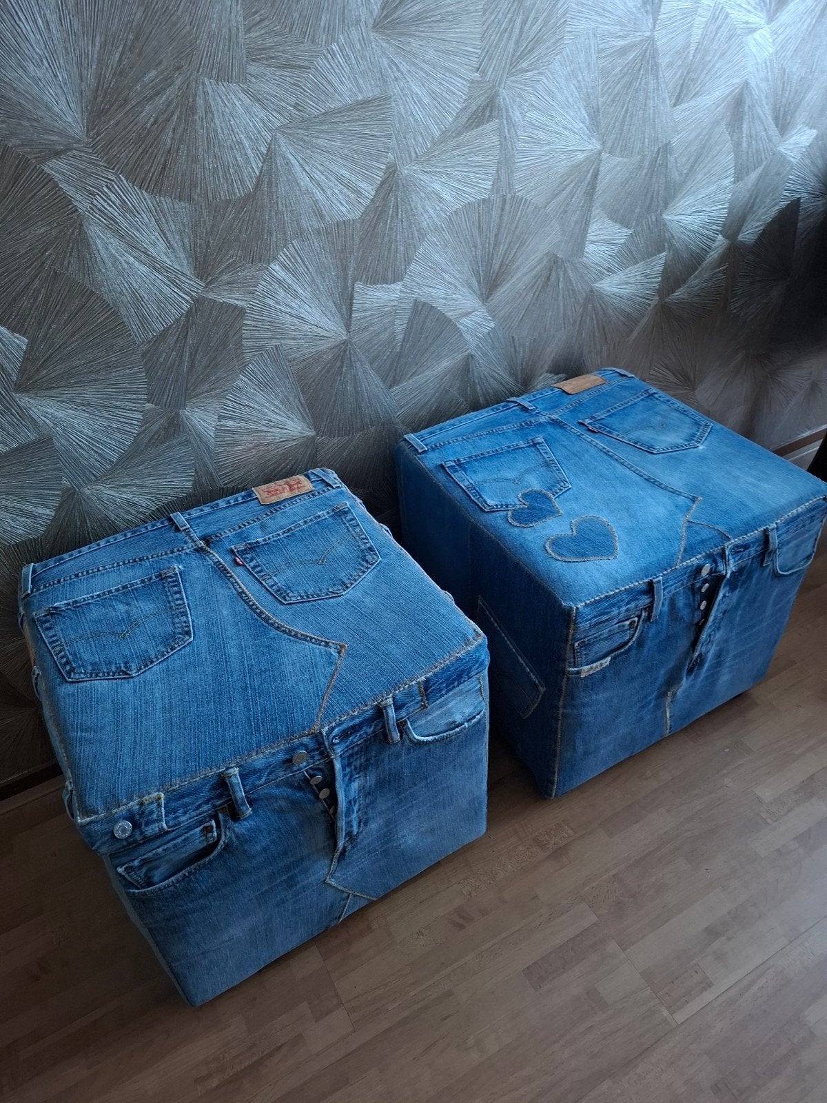 3  jeans spijkerstof hockers met tafeltje van jeans, Ophalen of Verzenden, Rechthoekig, Minder dan 50 cm