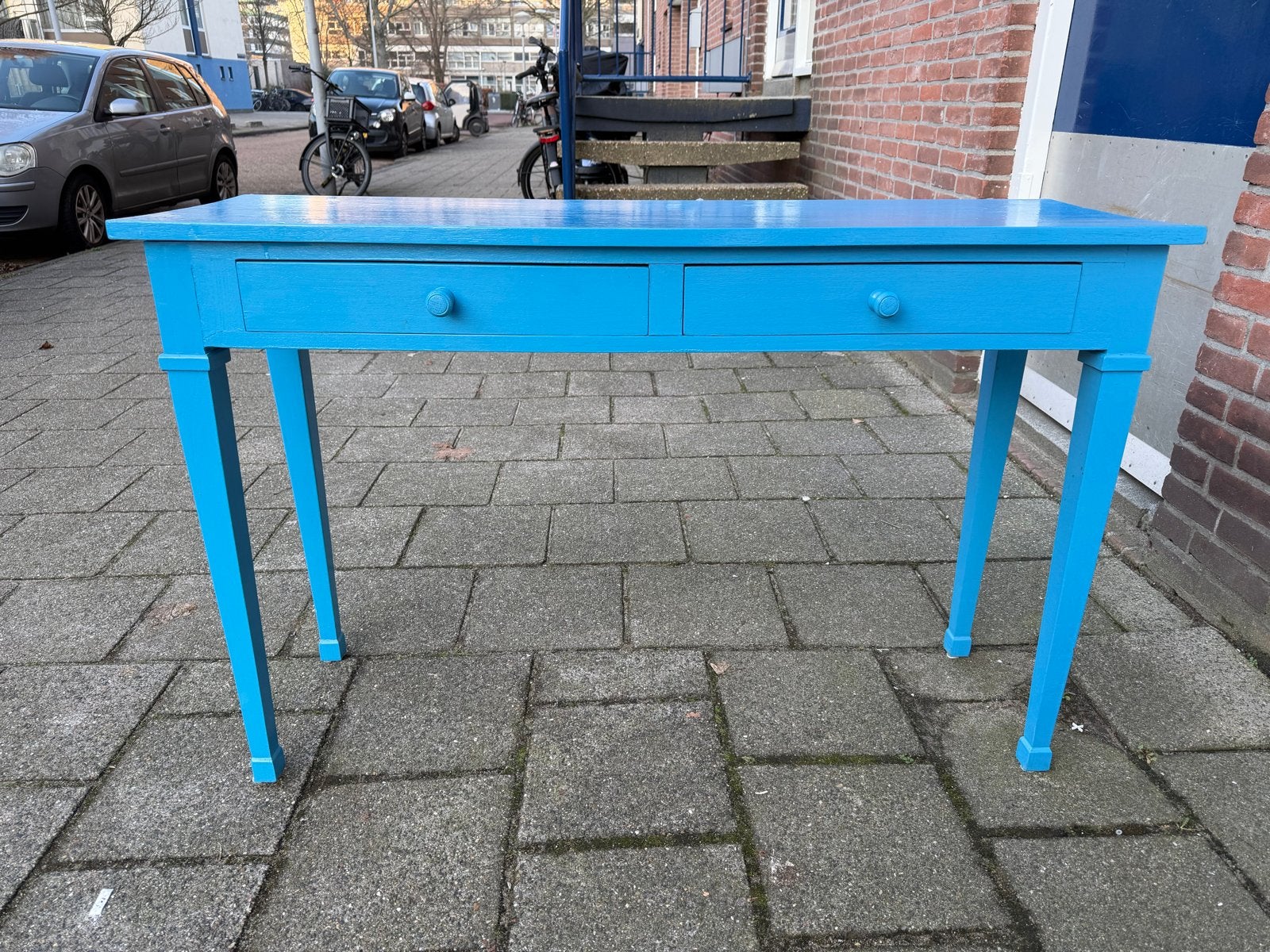 Brocante Sidetable in Uniek Blauw - Echt Hout, Gebruikt, 100 tot 150 cm, ., Ophalen of Verzenden