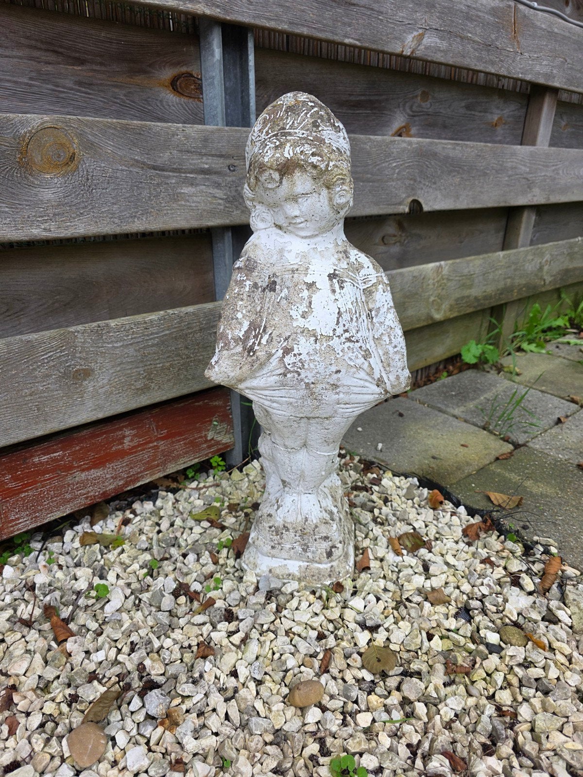Twee vintage tuinbeelden: gans en meisje, Tuin en Terras, Ophalen, Gebruikt, Steen, Dierenbeeld