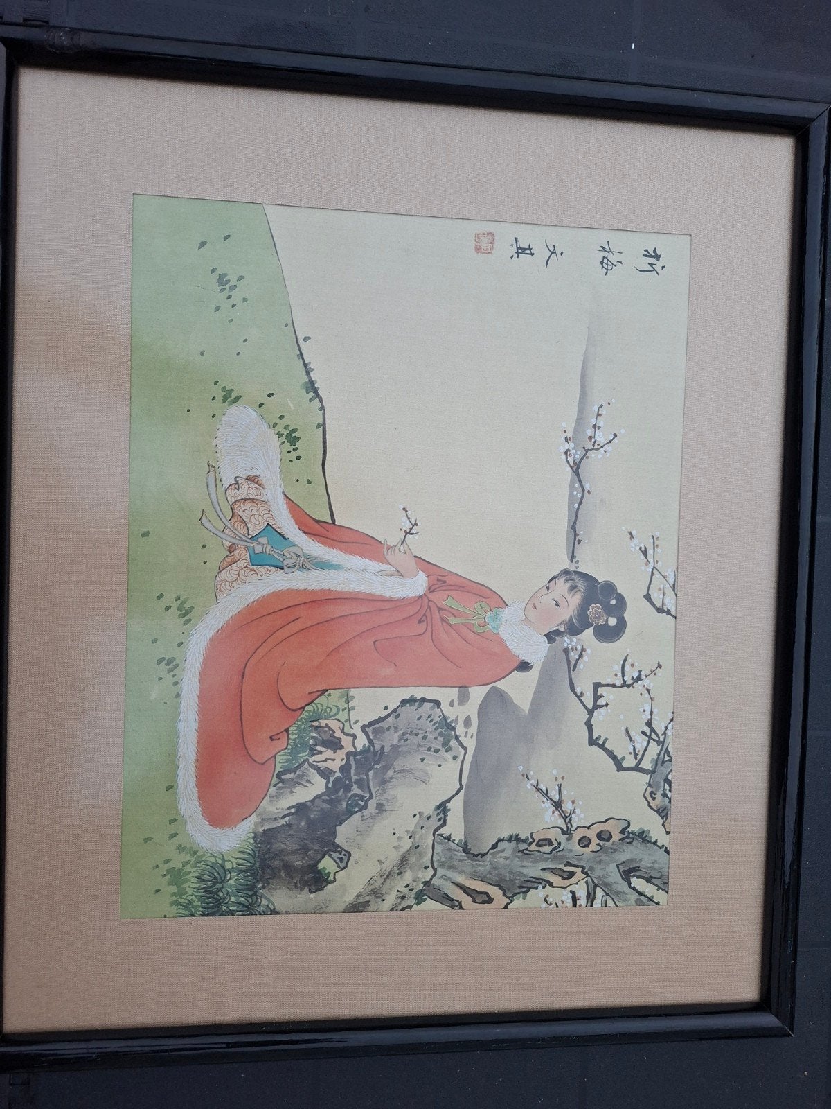 Prachtig ingelijst Chinees schilderij van een dame, Schilderij, Geschilderd, Ophalen of Verzenden, Papier/karton