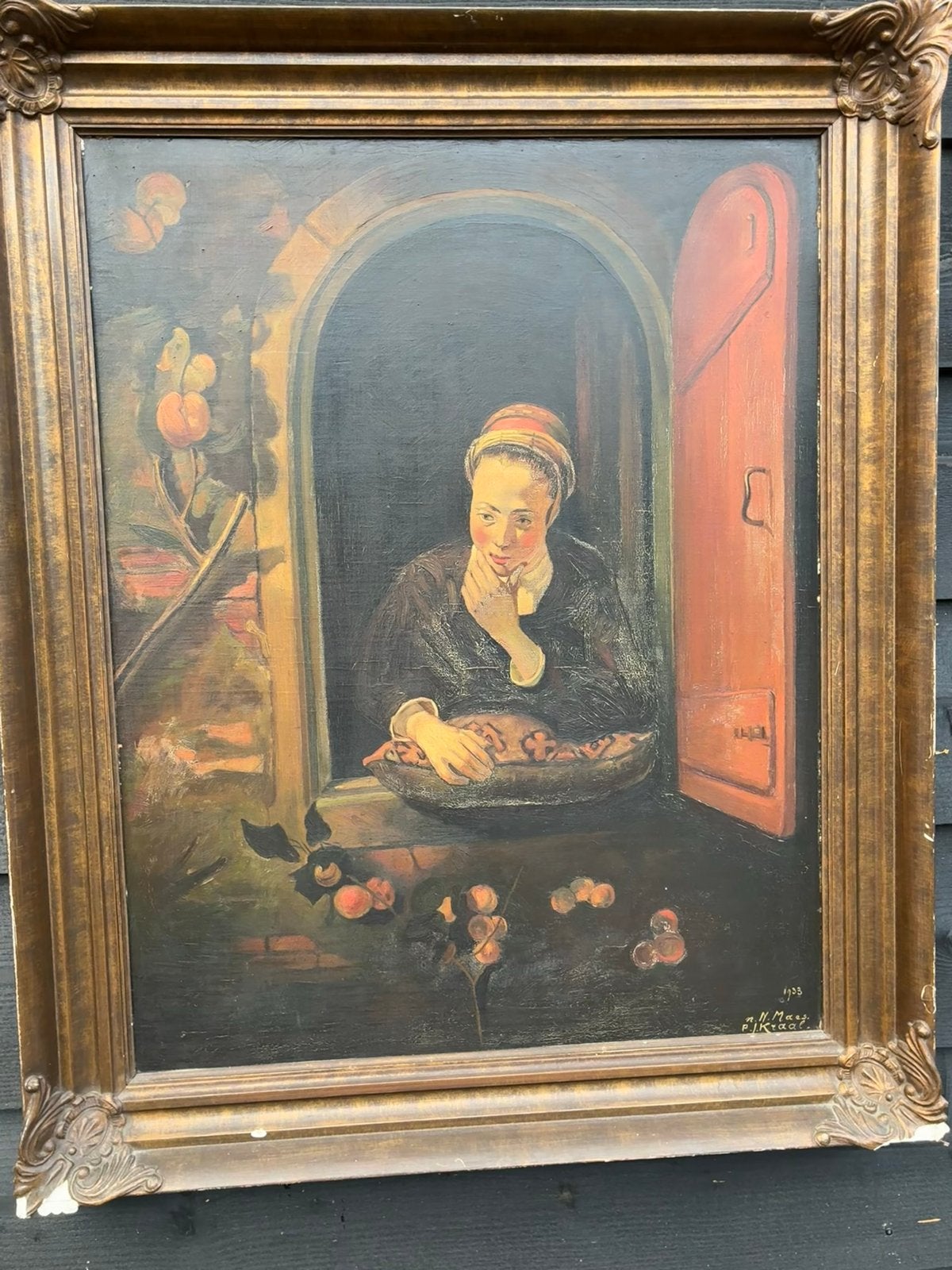 Oud schilderij 'Vrouw in venster' gesigneerd 1933, Ophalen, Gedateerd, Doek, Portret of Personen