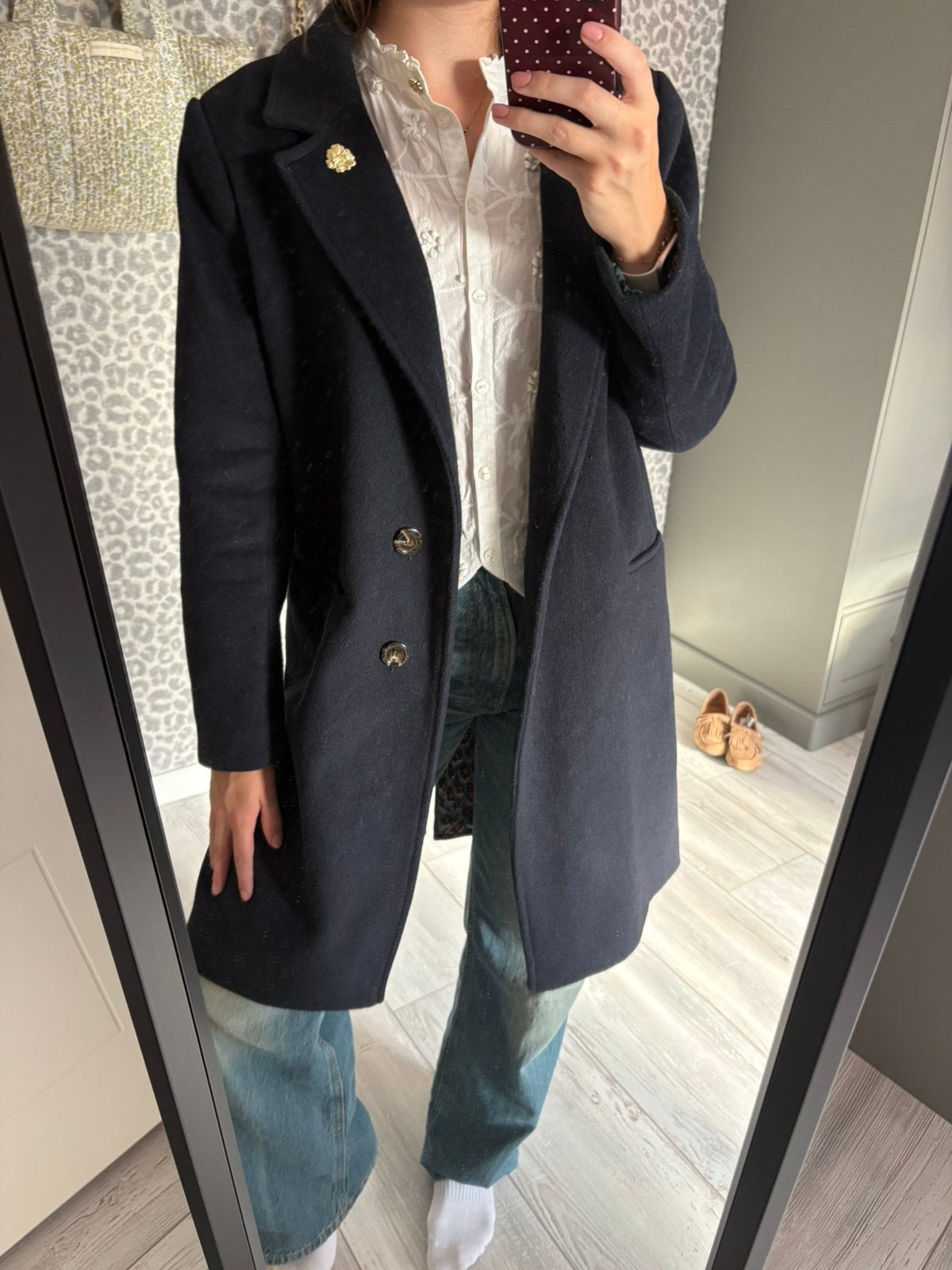 Fabienne chapot donkerblauwe lange jas wol maat 40/l, Kleding | Dames, Ophalen of Verzenden, Zo goed als nieuw, Maat 38/40 (M)