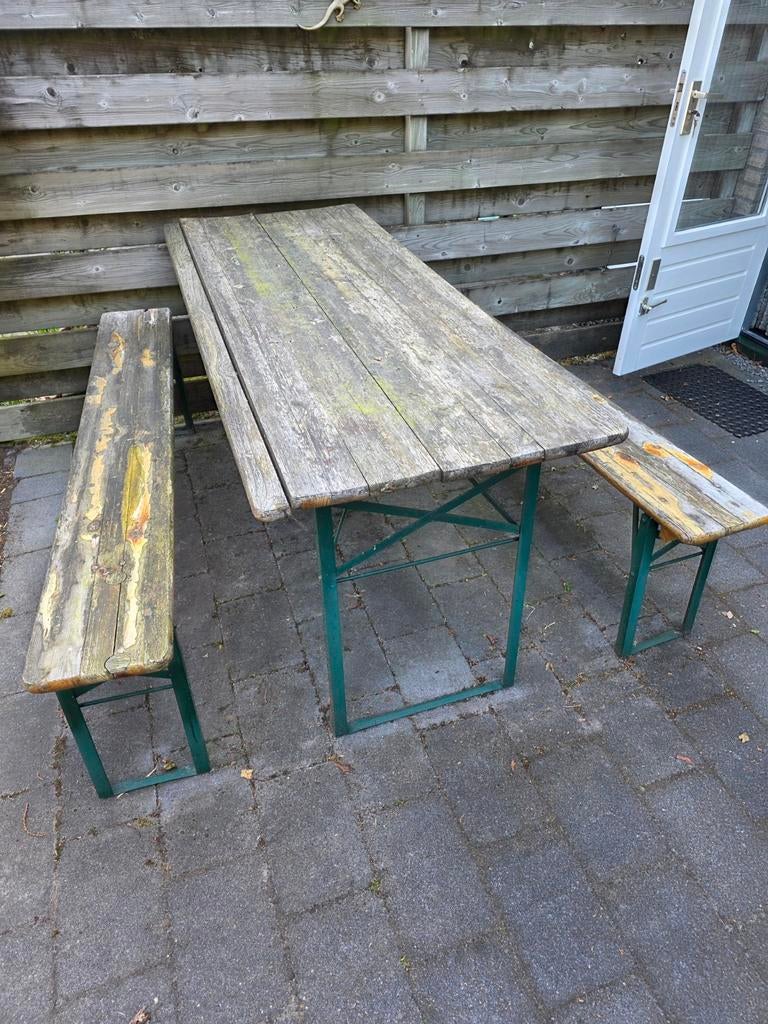 Biertafel plus banken, Tuin en Terras, Ophalen, Gebruikt, Rechthoekig, Hout