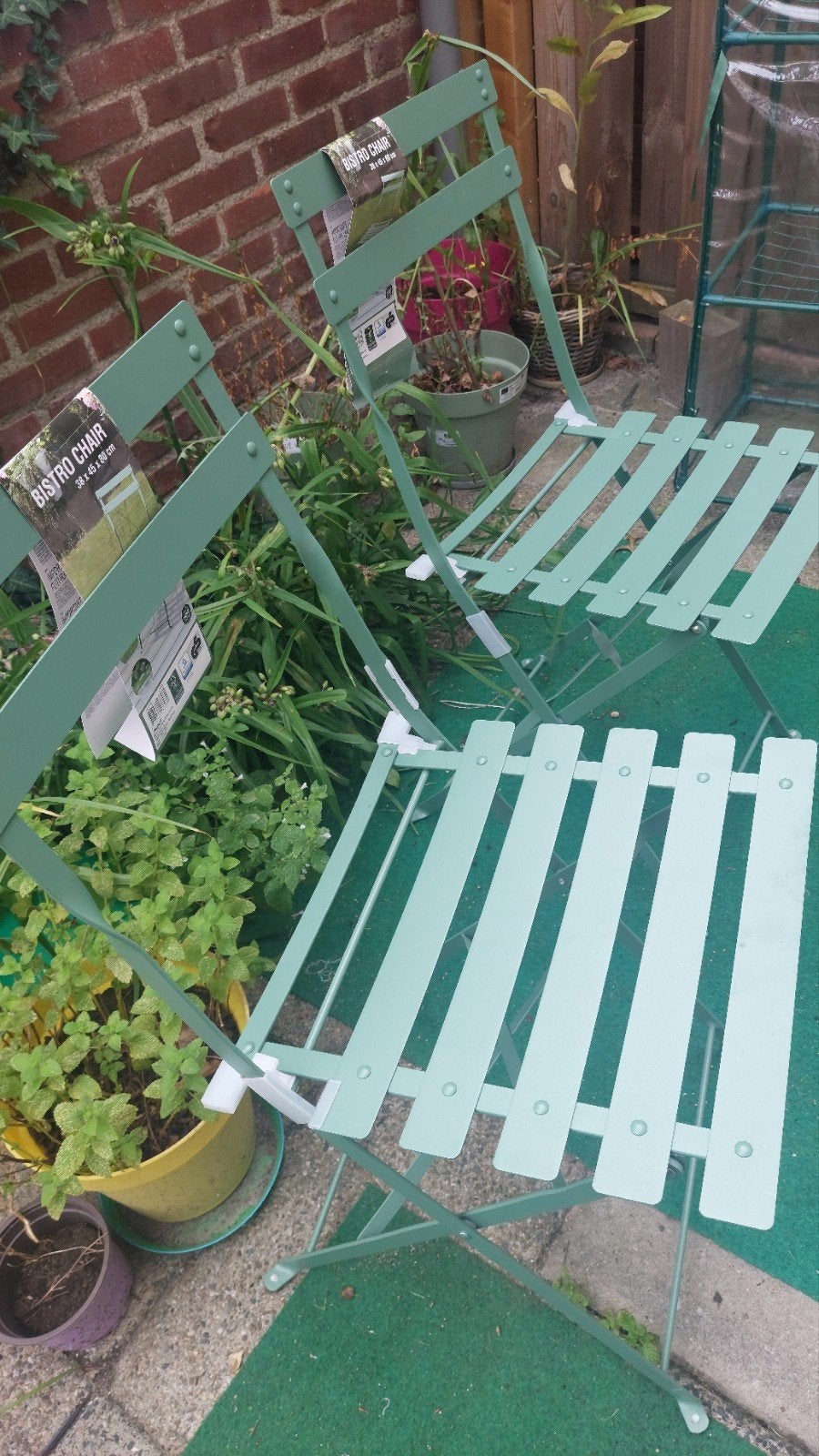 2 nieuwe groene metalen bistrostoelen - ultraplat inklapbaar, Ophalen, Nieuw, Metaal, Inklapbaar