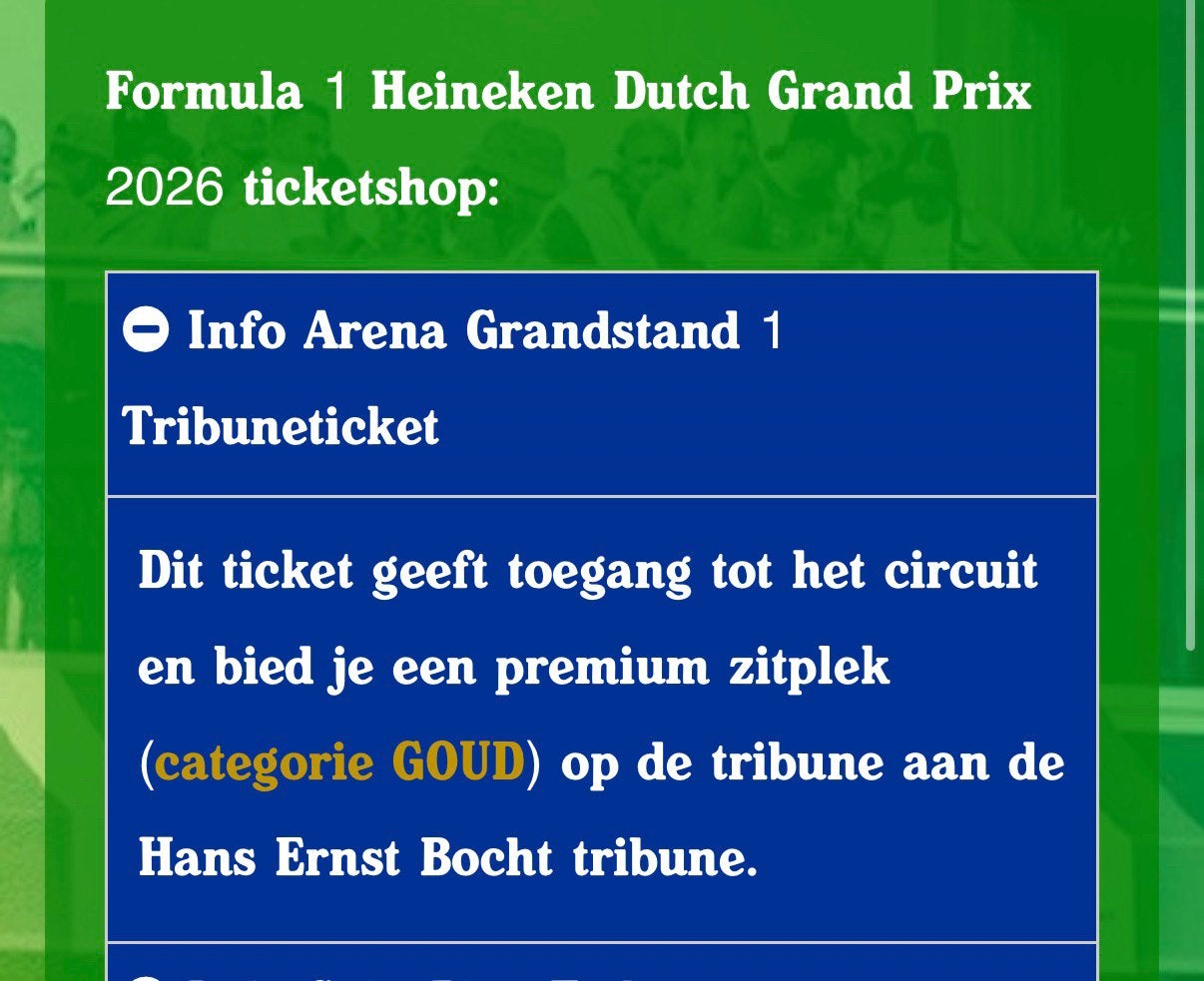 2x Formule 1 tickets grandstand 1 Zandvoort, Twee personen