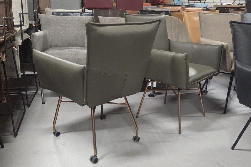3 luxe eetkamerstoel Sanne Jess Design leer olijfgroen koper, Ophalen, Overige kleuren, Drie, Zo goed als nieuw