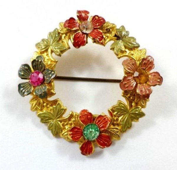 Prachtige Tsjechische Art deco broche bloemenkrans (3192), Ophalen, Zo goed als nieuw, Goud, Overige materialen