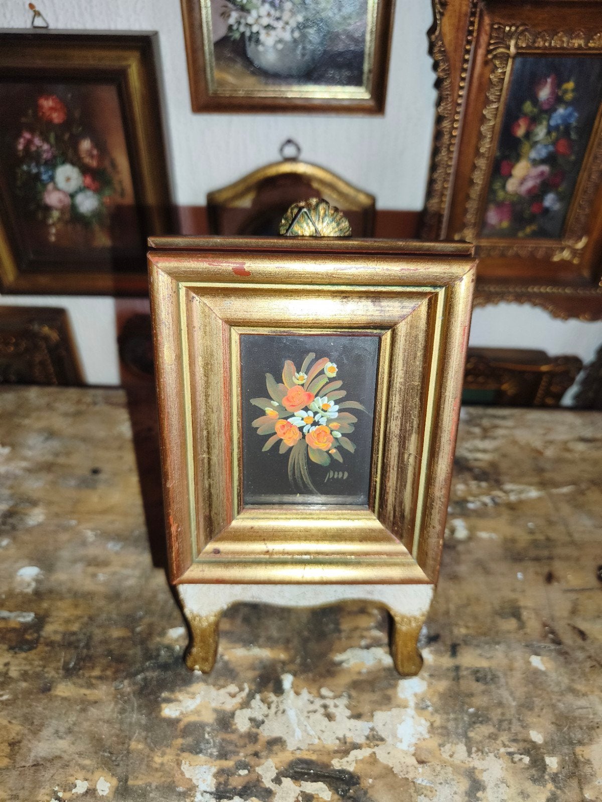 oud schilderijtje schilderij lijst stilleven bloemen Y49, Ophalen of Verzenden