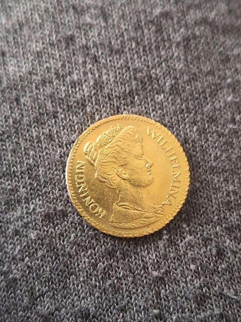Wilhelmina 5 Gulden 1912 Fraai 14 karaat verguld, Postzegels en Munten, Munten | Nederland, Ophalen of Verzenden, Koningin Wilhelmina