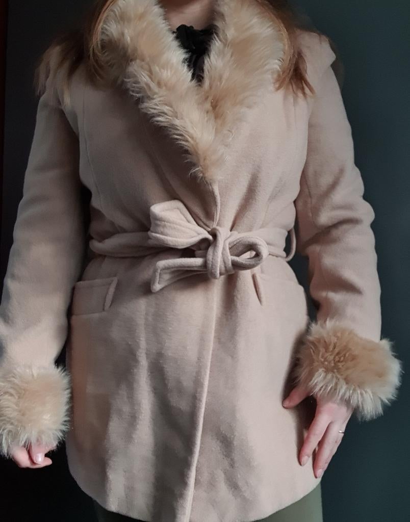 BAY Trading wol jas met faux fur kraag beige M, Ophalen of Verzenden, Zo goed als nieuw, Maat 38/40 (M), Beige