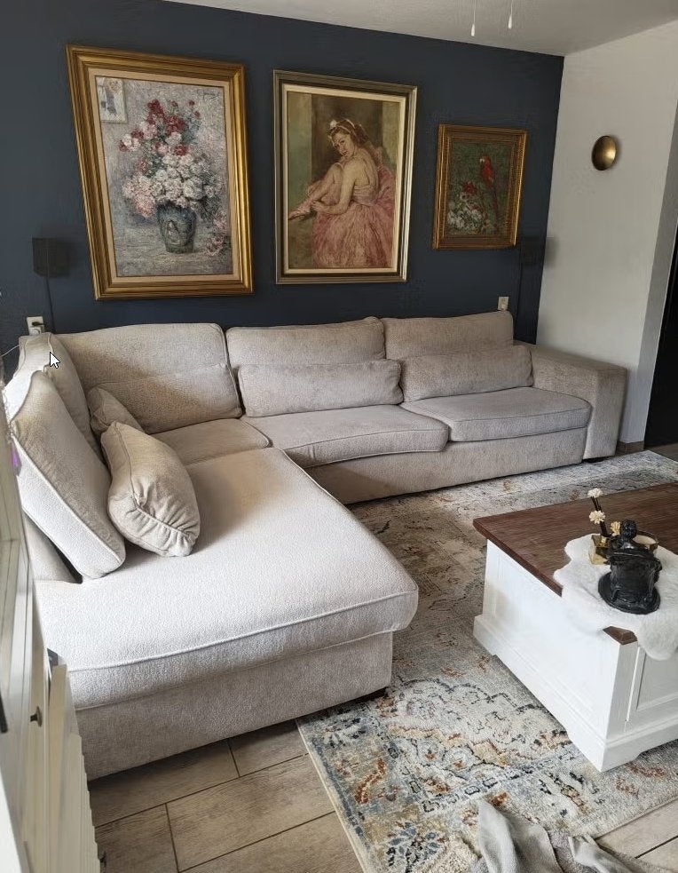 Luxe hoekbank teddy stof — beige/zand, Huis en Inrichting, Banken | Complete zithoeken, Ophalen, Zo goed als nieuw, Stof