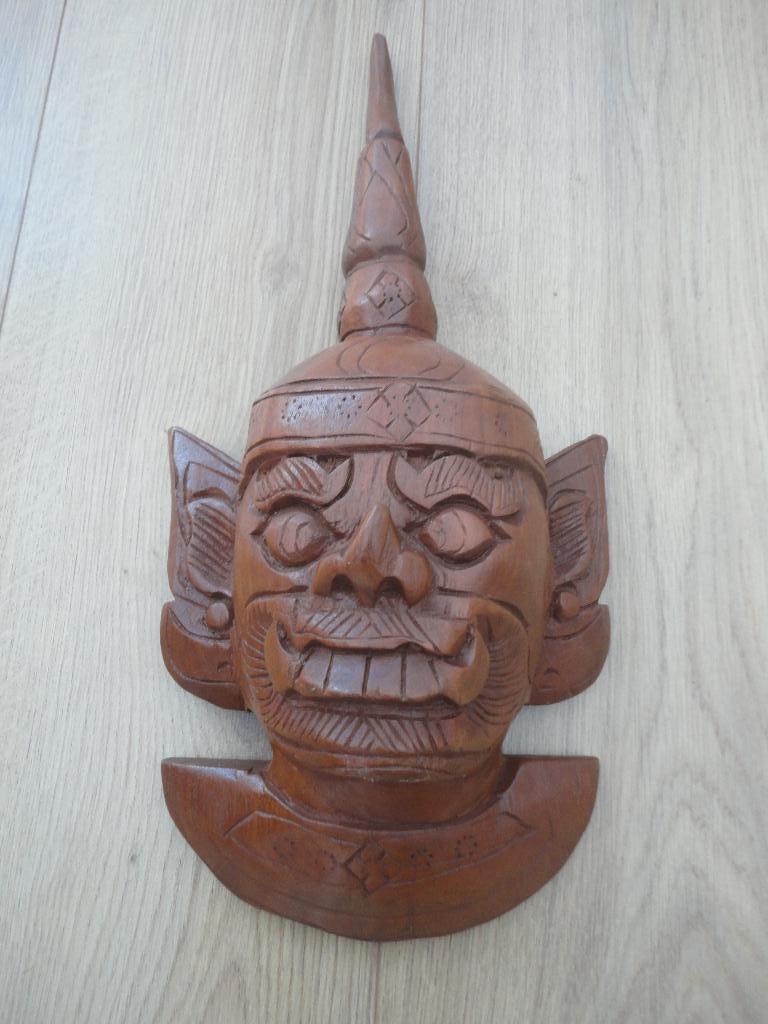 Mooie teak houten hoofd afbeelding Tempelwachter Thailand, Ophalen of Verzenden, Zo goed als nieuw