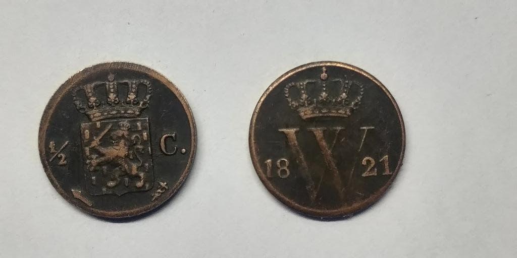 1821U Willem 1 een halve cent als replica , vaste pr. € 2,70, Postzegels en Munten, Munten | Nederland, Verzenden, Koning Willem I