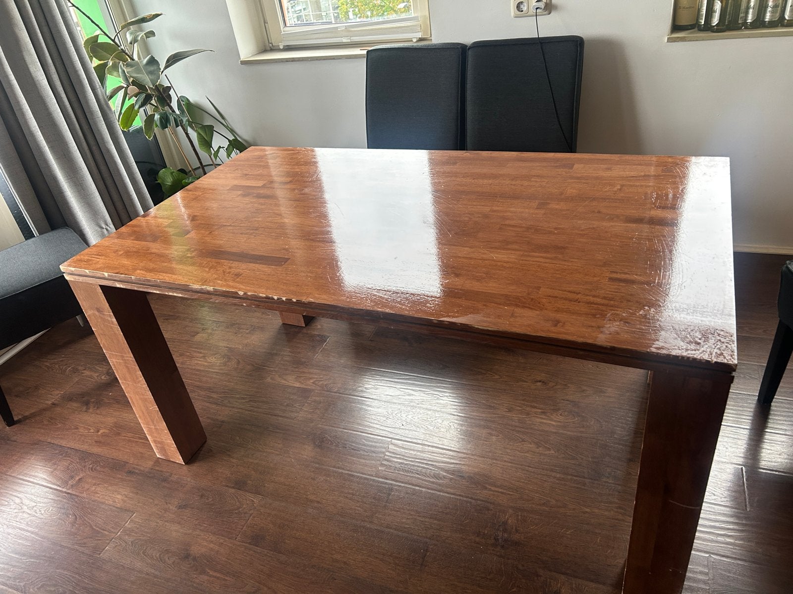Vintage houten eettafel met gebruikssporen, Ophalen, Gebruikt, 50 tot 100 cm, 150 tot 200 cm
