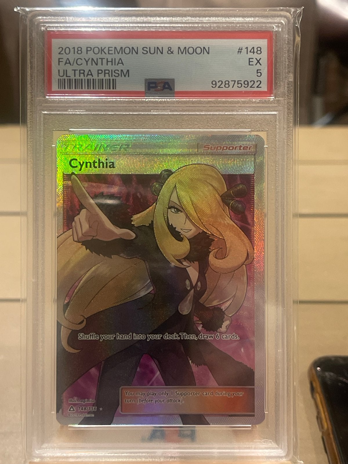 PSA 5 Cynthia Full Art Trainer Kaart (Ultra Prism), Ophalen of Verzenden, Gebruikt, Losse kaart, Foil
