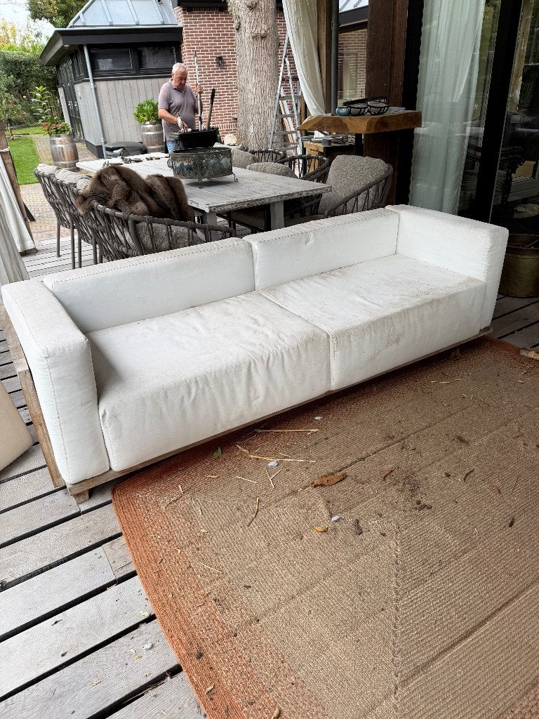 Gestoffeerde tuinbank op houten basis, Tuin en Terras, Ophalen, Gebruikt, 3 zitplaatsen, Loungeset