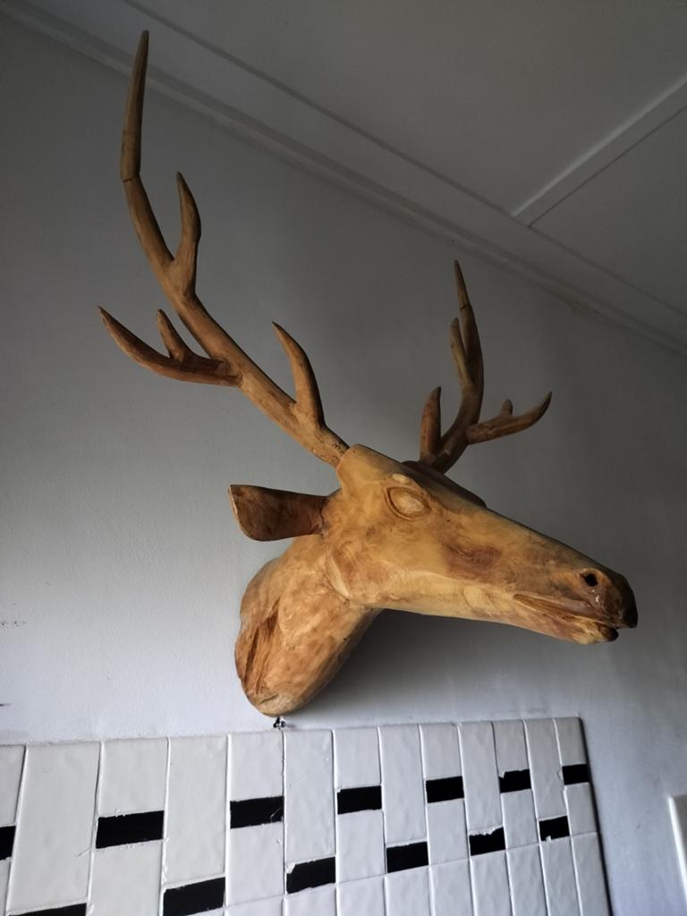Houten hertenkop - Handgesneden wanddecoratie, Ophalen of Verzenden, Zo goed als nieuw, Beeldhouwkunst, Onbekend