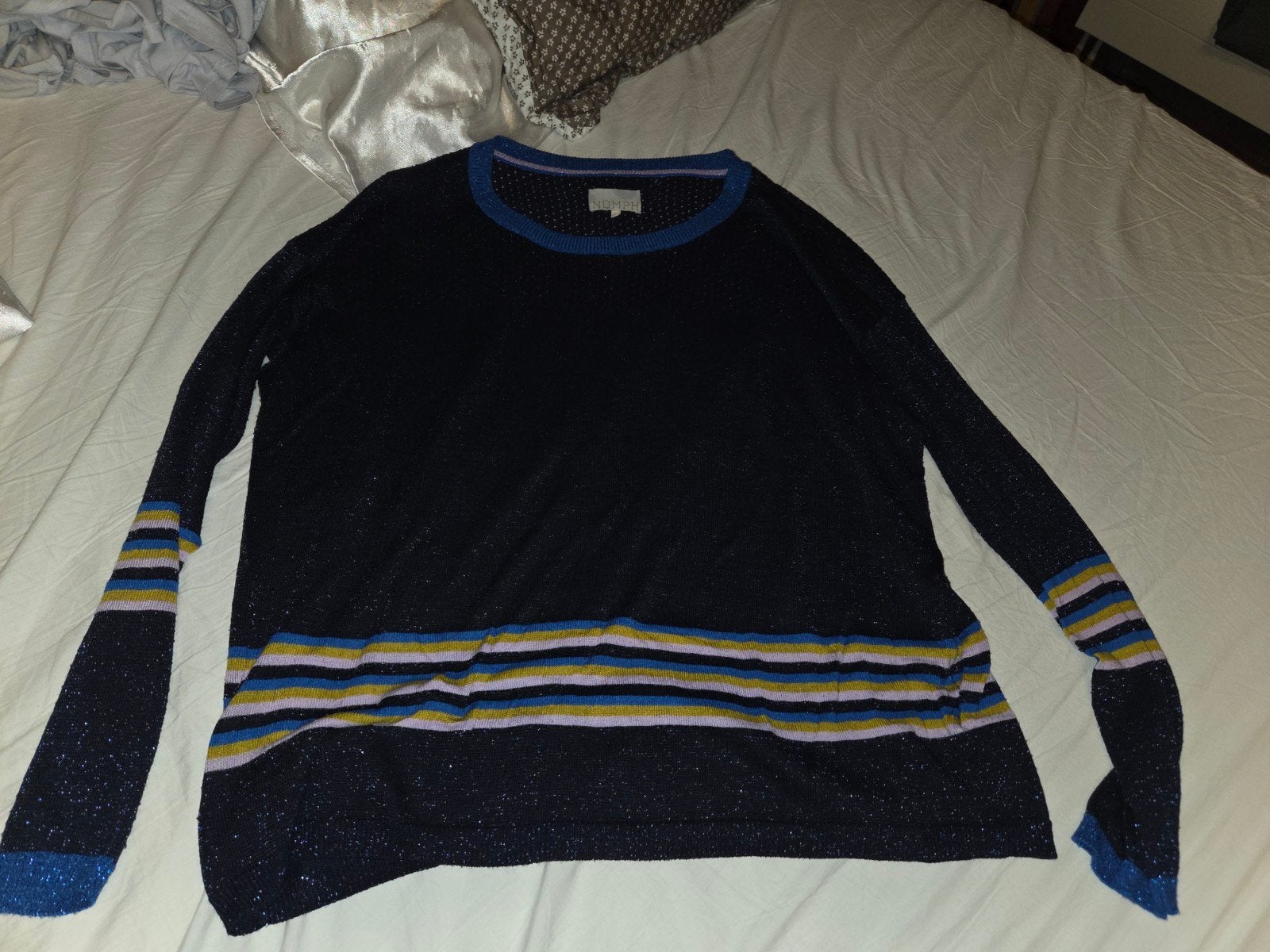 Nümph Dames Trui - Maat XL - Donkerblauw met strepen,glitter, Blauw, Ophalen of Verzenden, Gedragen, Maat 46/48 (XL) of groter