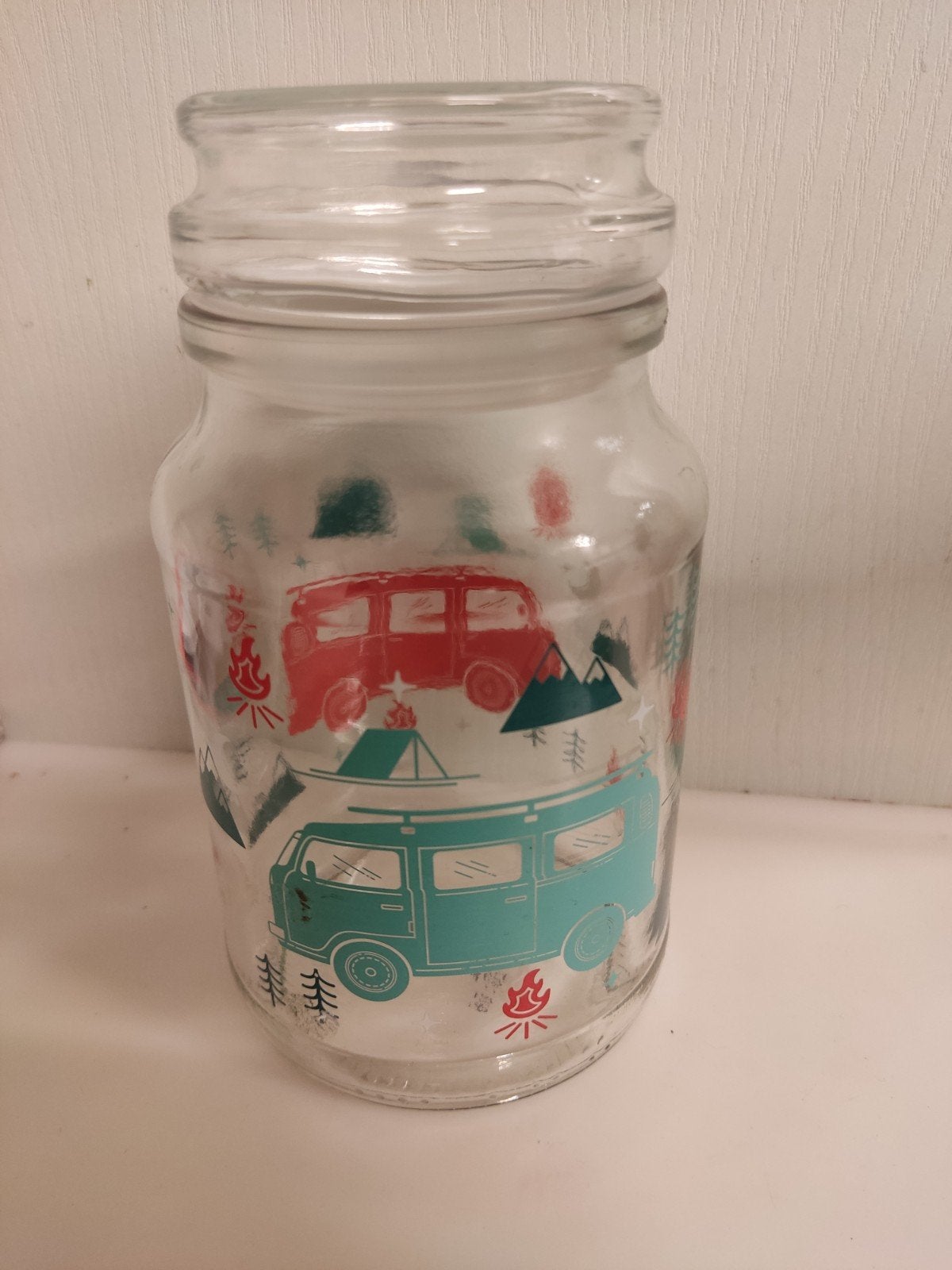 Glazen pot met camper print - 17,5 cm hoog, Rond, Pot of Kruik, Ophalen of Verzenden, Glas