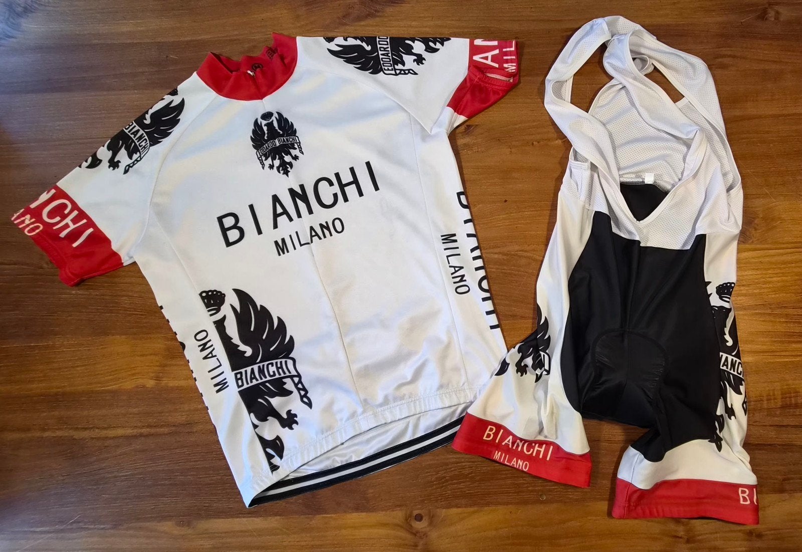 Bianchi Milano Fietsshirt (M) Fietsbroek (L) - Zo goed al, M, Ophalen of Verzenden, Zo goed als nieuw, Bianchi Milano