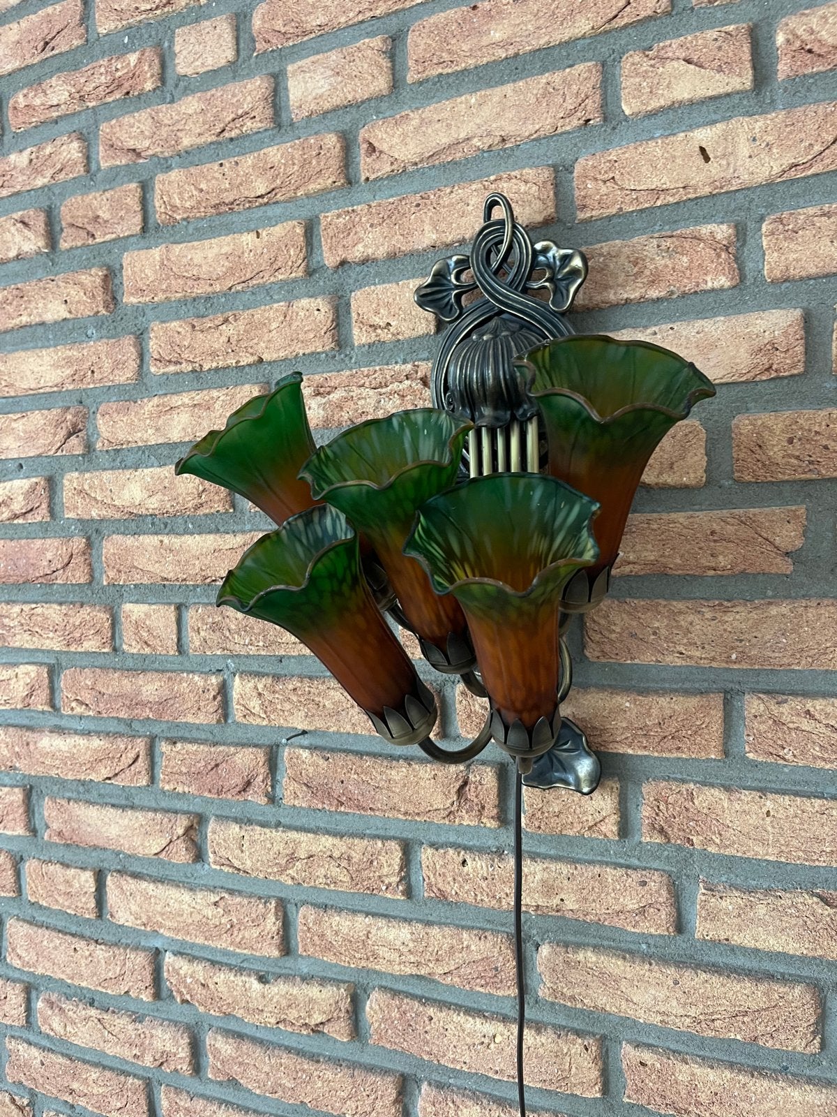 Art Nouveau wandlamp met 5 kelken, Huis en Inrichting, Lampen | Wandlampen, Ophalen, Gebruikt, Indirect licht, Meerkleurig