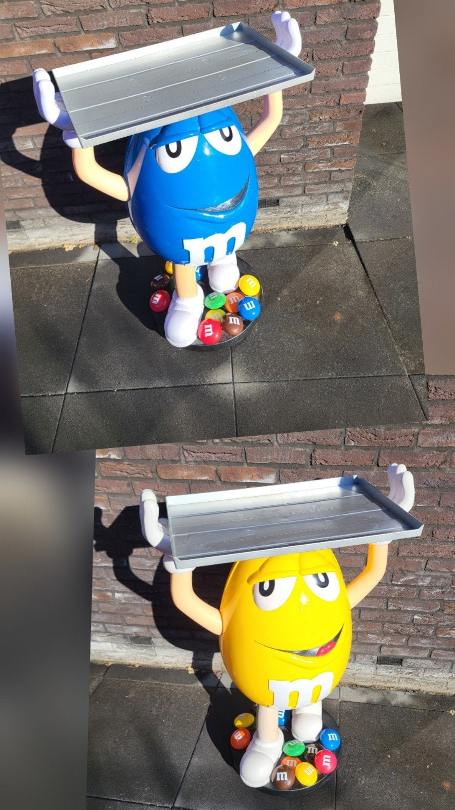 Grote blauwe en gele m&m reclame beelden / displays te koop., Overige typen, Onbekend, Ophalen of Verzenden, Zo goed als nieuw