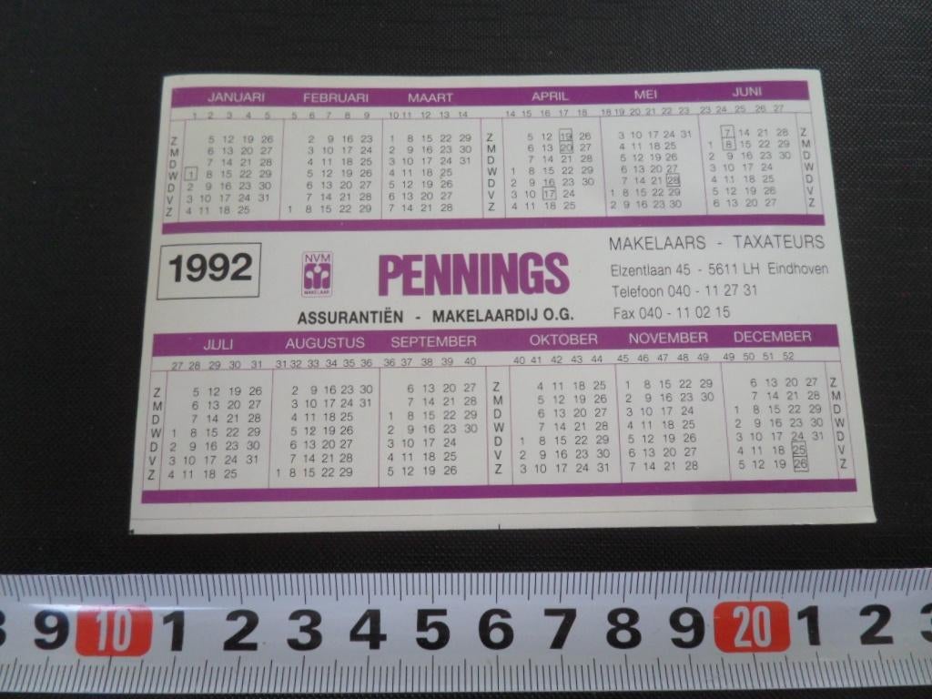 sticker Kalender 1992 EHV Eindhoven PENNINGS Assurantiën, Ophalen, Zo goed als nieuw