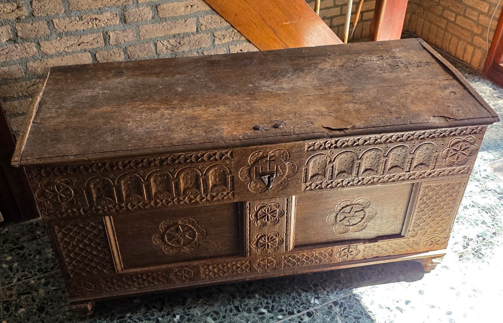 antieke eikenhouten dekenkist, Ophalen, 50 – 75, Gebruikt, 100 tot 150 cm