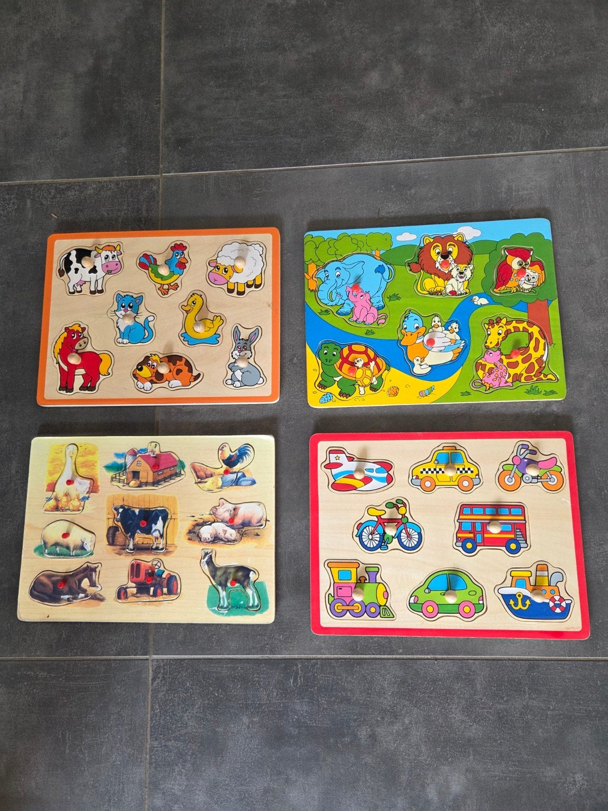 Houten insteekpuzzels voor kinderen - Dieren en voertuigen, Kinderen en Baby's, Ophalen, 2 tot 4 jaar, Gebruikt, Van hout