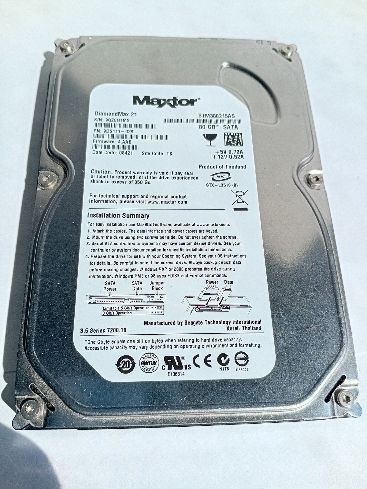 Maxtor DiamondMax 21 80GB SATA HDD - Intern, Computers en Software, Harde schijven, Maxtor, Intern, Gebruikt, 80 GB