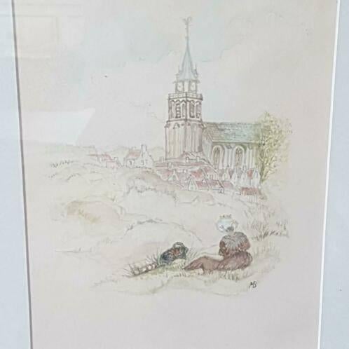 Orig aquarel zicht oude kerk Scheveningen nettenboetster MB, Antiek en Kunst, Kunst | Schilderijen | Klassiek, Ophalen
