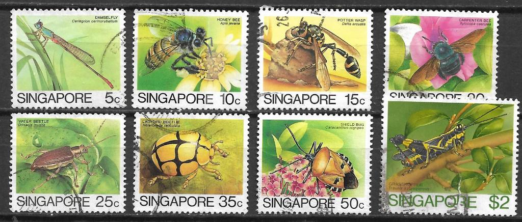 Singapore 1985 Insect leemwesp honingbij sprinkhaan, Verzenden, Gestempeld, Zuidoost-Azië