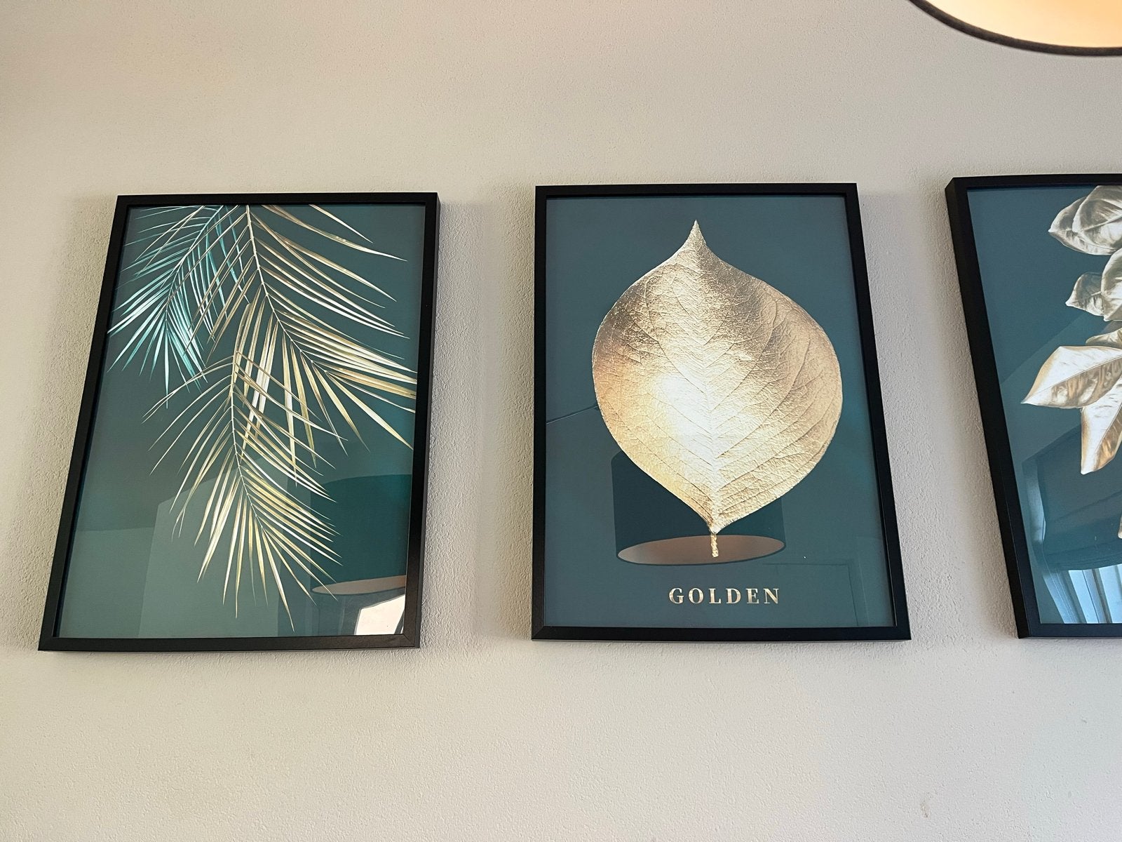 3 schilderijen met gouden bladeren in zwarte omlijsting, Huis en Inrichting, Woonaccessoires | Schilderijen, Tekeningen en Foto's