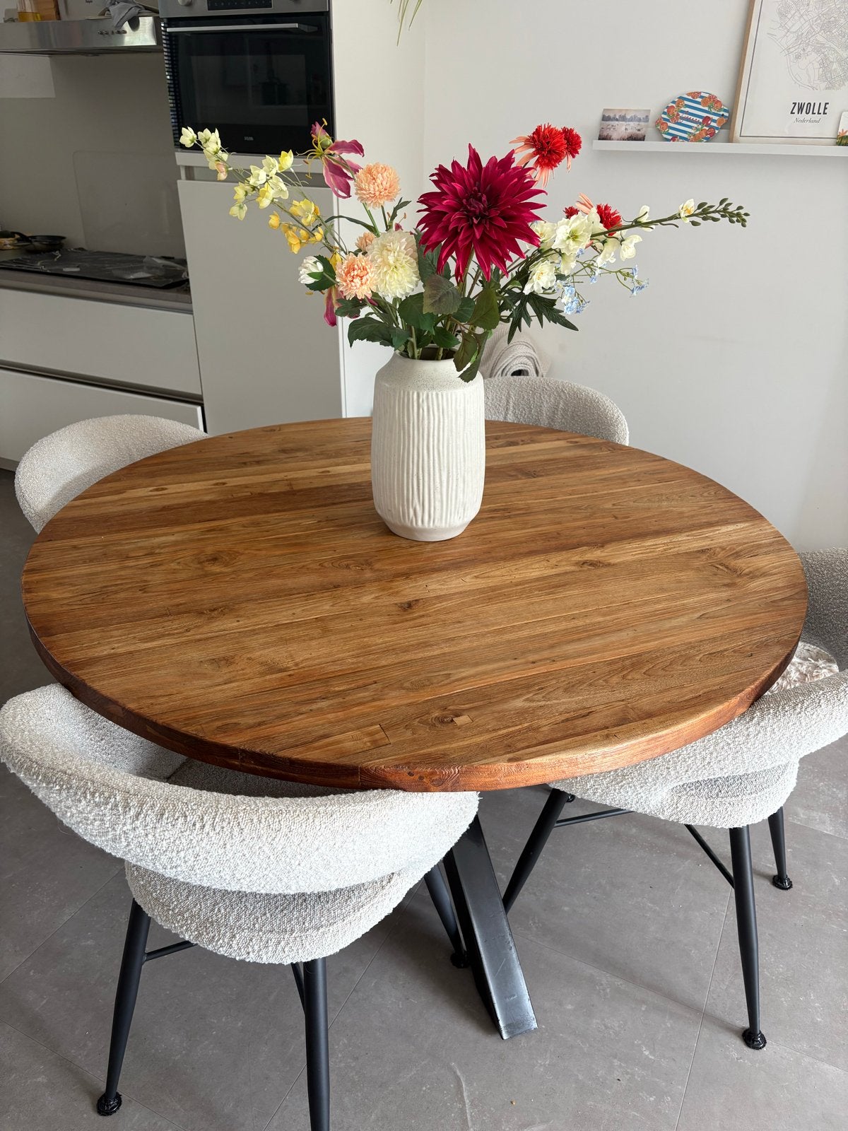 Ronde eettafel met metalen spinpoot - Teakhout, Ophalen, Gebruikt, 100 tot 150 cm, Vier personen